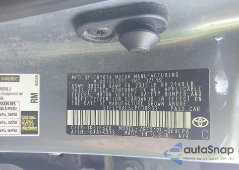 2020 Toyota Corolla Le z USA, uszkodzony, nr VIN 5YFEPRAE5LP039953